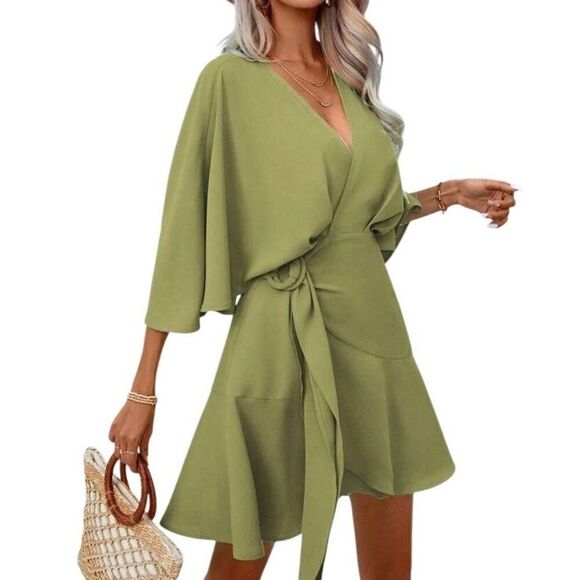 NEW Vacay Olive Green Ruffle Hem Wrap Mini Dress Large - Picture 2 of 6